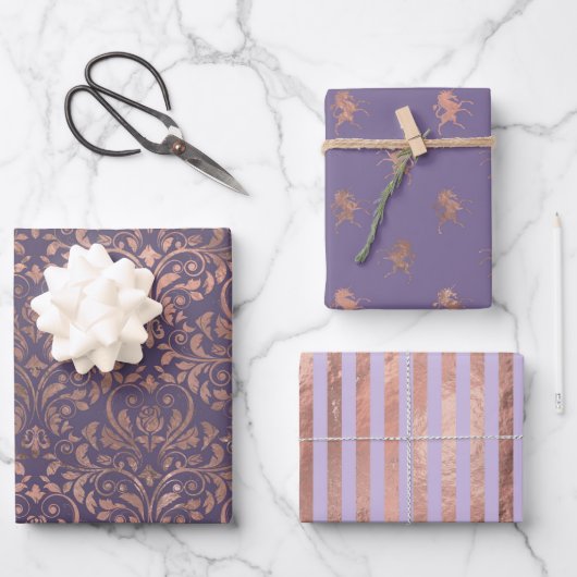 Glamour Rose Gold Foil und Lavendel Muster Geschenkpapier Set (Vorderseite)