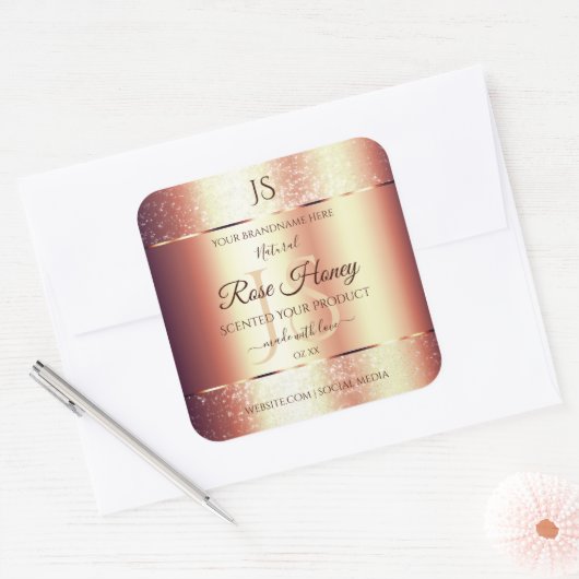 Glamour Rose Gold Glitzer Initial Product Label Quadratischer Aufkleber (Umschlag)