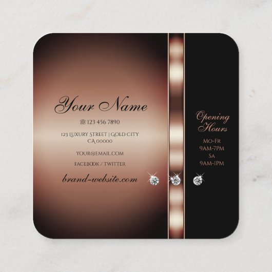 Glamour Rose Gold Schwarz mit Imitaten Rhinestones Quadratische Visitenkarte (Rückseite)