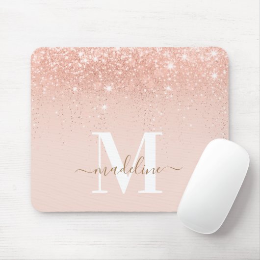 Glamour Rosegold Glitzer Elegantes Script Monogram Mousepad (Mit Mouse)