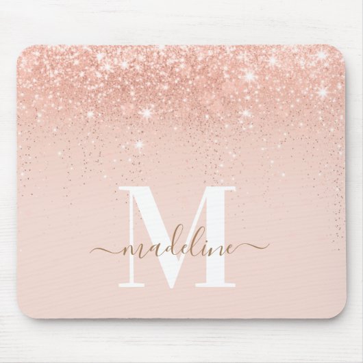 Glamour Rosegold Glitzer Elegantes Script Monogram Mousepad (Vorne)