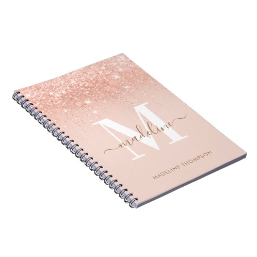 Glamour Rosegold Glitzer Elegantes Script Monogram Notizblock (Rechte Seite)