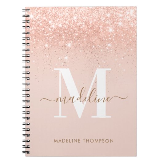 Glamour Rosegold Glitzer Elegantes Script Monogram Notizblock (Vorderseite)