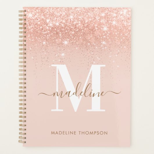 Glamour Rosegold Glitzer Elegantes Script Monogram Planer (Vorderseite)