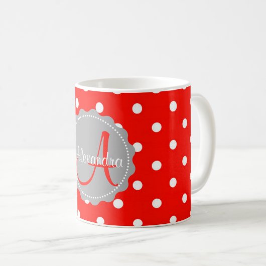 Glamour Rot-Weiße Polka Dot Monogramm Anfangsname Kaffeetasse (VorderseiteRechts)