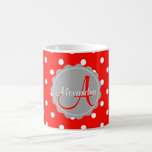 Glamour Rot-Weiße Polka Dot Monogramm Anfangsname Kaffeetasse (Mittel)