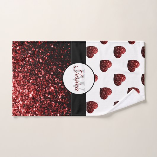 Glamour Roter Glitzer Glitzern Herzklopfen Monogra Badhandtuch Set (Handtuch)