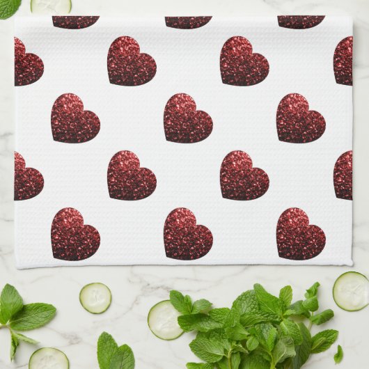 Glamour Roter Glitzer Glitzern Herzmuster Geschirrtuch (Gefaltet)