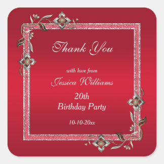 Glamour Ruby Red Gems & Glitzer Geburtstag Quadratischer Aufkleber