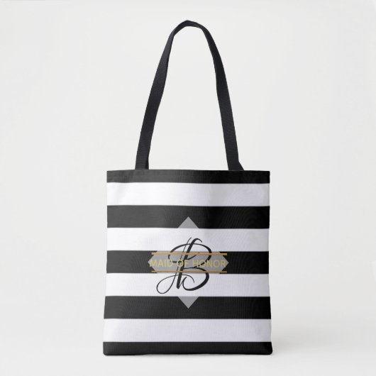 Glamour Schwarz-weiß Strip MONOGRAM Tote Bag Tasche (Vorderseite)