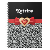 Glamour, Schwarz-weißer Damast, Roter Bogen und Ju Notizblock (Vorderseite)