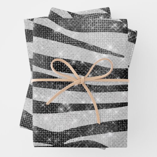 Glamour Schwarz-weißer Funkelnd Glitzer Zebra Stri Geschenkpapier Set (Beispiel)
