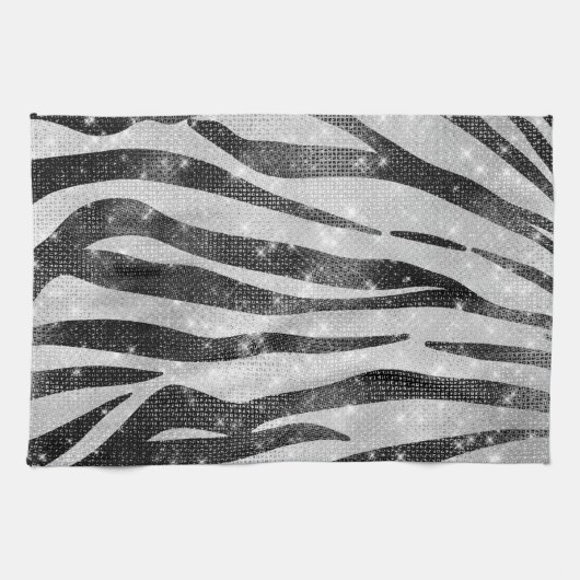 Glamour Schwarz-weißer Funkelnd Glitzer Zebra Stri Geschirrtuch (Horizontal)