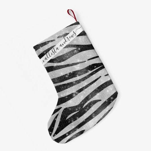 Glamour Schwarz-weißer Funkelnd Glitzer Zebra Stri Kleiner Weihnachtsstrumpf (Rückseite (Hängend))