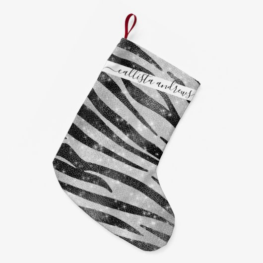 Glamour Schwarz-weißer Funkelnd Glitzer Zebra Stri Kleiner Weihnachtsstrumpf (Vorderansicht (hängend))