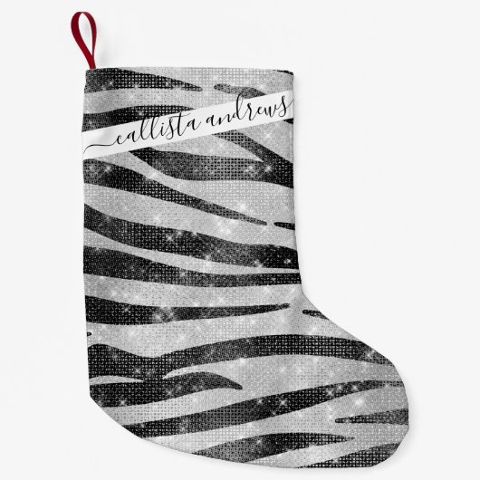 Glamour Schwarz-weißer Funkelnd Glitzer Zebra Stri Kleiner Weihnachtsstrumpf (Vorderseite)