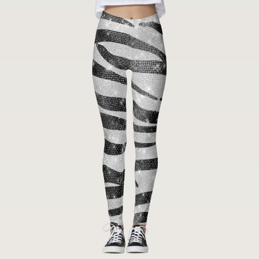Glamour Schwarz-weißer Funkelnd Glitzer Zebra Stri Leggings (Vorderseite)