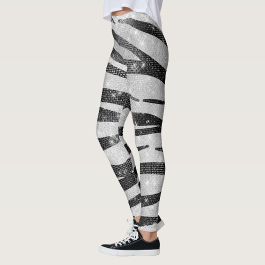 Glamour Schwarz-weißer Funkelnd Glitzer Zebra Stri Leggings (Links)