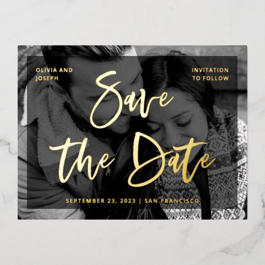 Glamour Script | Overlay und Foto Save the Date Folie Einladungspostkarte (Vorderseite)