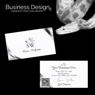 Glamour Silber-Ecken auf weißem Monogramm-QR-Code Visitenkarte