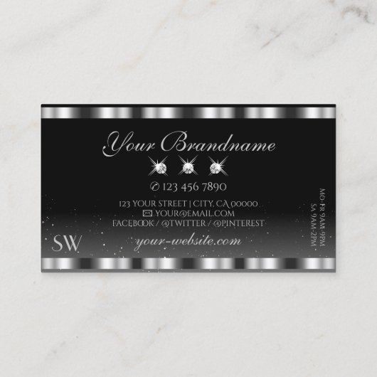 Glamour Silver Black Sparkling Diamonds Monogram Visitenkarte (Rückseite)