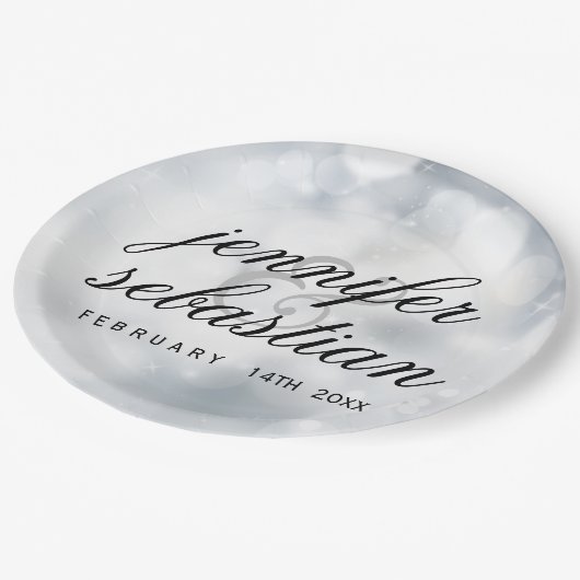 Glamour Silver Bokeh Light Monogramm Hochzeit Pappteller (Schrägansicht)