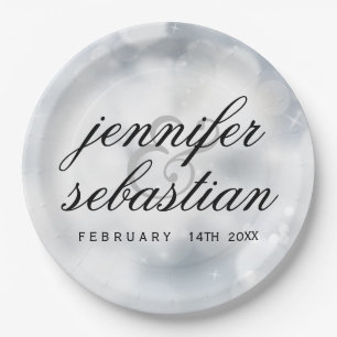 Glamour Silver Bokeh Light Monogramm Hochzeit Pappteller