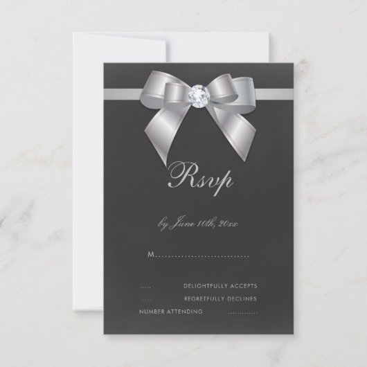 Glamour Silver Bow & Ribbon RSVP Karte (Vorderseite)