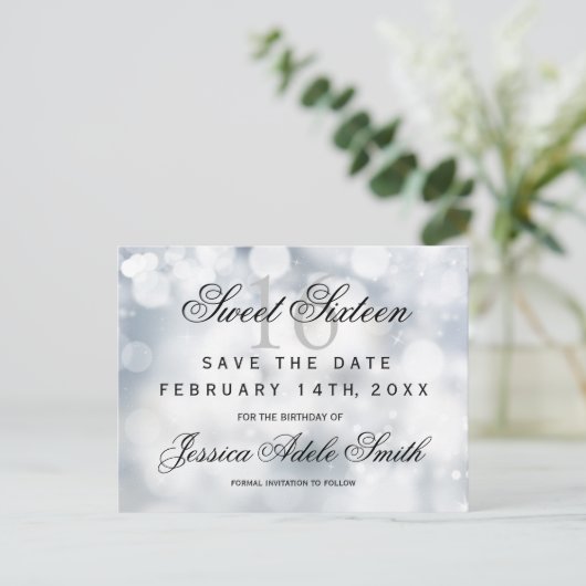 Glamour Silver Glitzer Sweet 16 Save the Date Postkarte (Stehend Vorderseite)