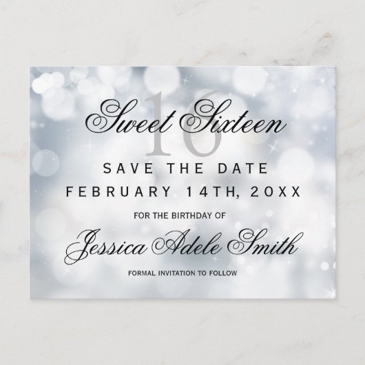 Glamour Silver Glitzer Sweet 16 Save the Date Postkarte (Vorderseite)