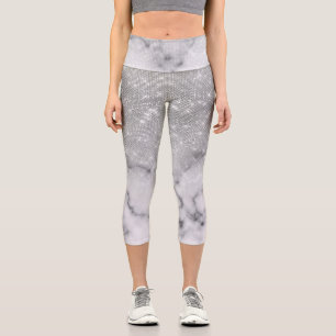 Glamour Silver Glitzer White Marble Ombre Capri Leggings