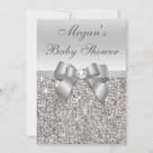Glamour Silver Sequins Bow Baby Dusche Einladung (Vorderseite)