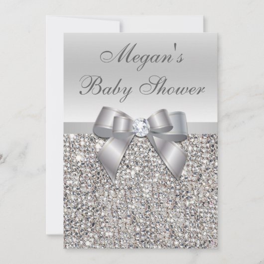 Glamour Silver Sequins Bow Baby Dusche Einladung (Vorderseite)