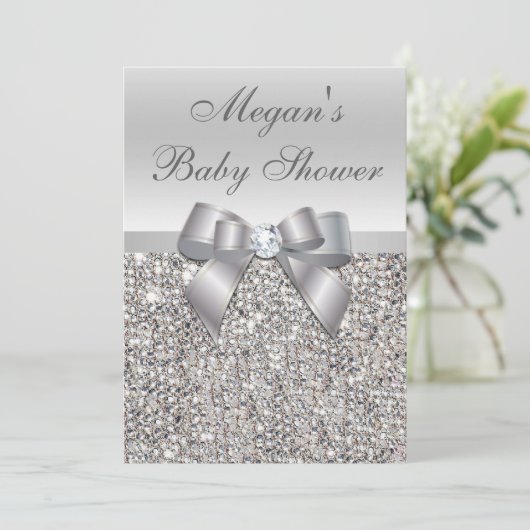Glamour Silver Sequins Bow Baby Dusche Einladung (Stehend Vorderseite)