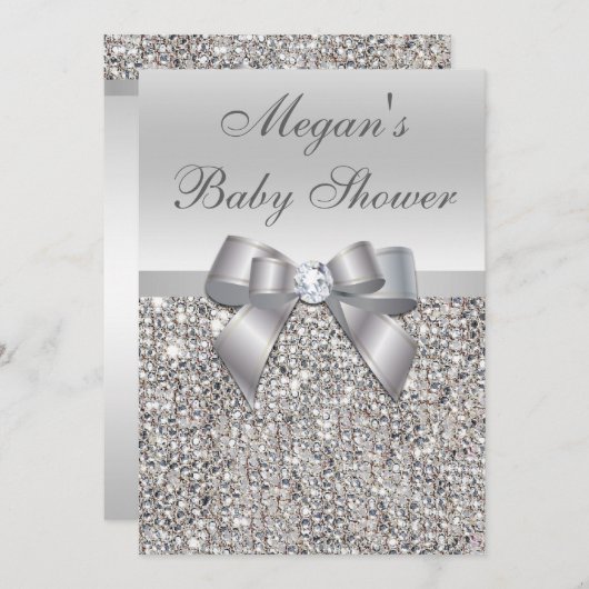 Glamour Silver Sequins Bow Baby Dusche Einladung (Vorne/Hinten)