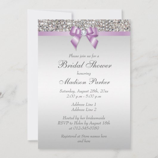 Glamour Silver Sequins Lilac Bow Brautparty Einladung (Rückseite)
