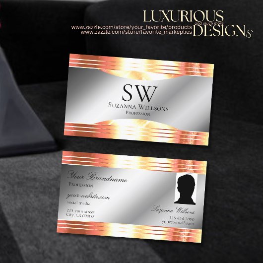 Glamour Silver Shimmery Rose Gold Monogram Foto Visitenkarte
