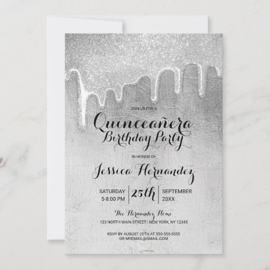 Glamour Silver Thick Glitzer Tropfen Quinceañera Einladung (Vorderseite)