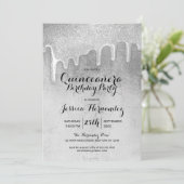 Glamour Silver Thick Glitzer Tropfen Quinceañera Einladung (Stehend Vorderseite)