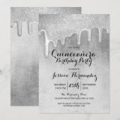 Glamour Silver Thick Glitzer Tropfen Quinceañera Einladung (Vorne/Hinten)