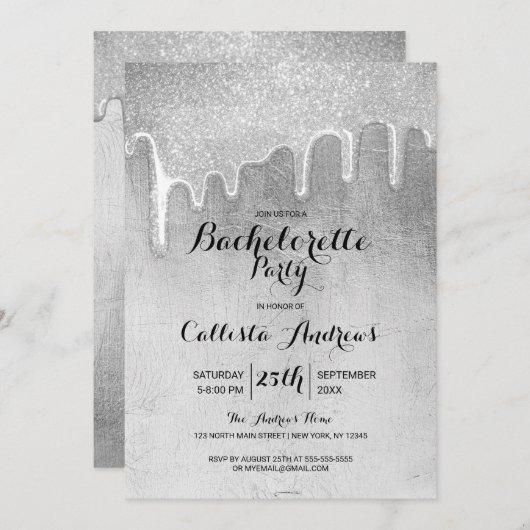 Glamour Silver Thick Glitzer Tropfens Bachelorette Einladung (Vorne/Hinten)
