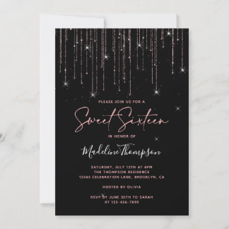 Glamour Sparkling Rose Gold Black 16 . Geburtstag Einladung