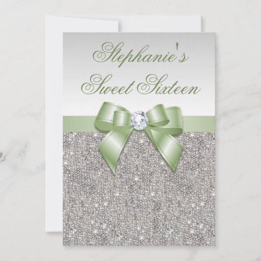 Glamour Sweet 16 Imitat Silver Sequins Green Bow Einladung (Vorderseite)