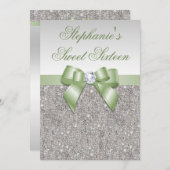 Glamour Sweet 16 Imitat Silver Sequins Green Bow Einladung (Vorne/Hinten)