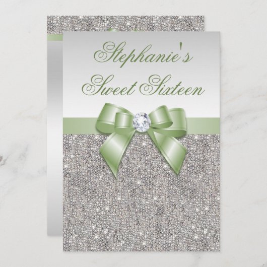 Glamour Sweet 16 Imitat Silver Sequins Green Bow Einladung (Vorne/Hinten)