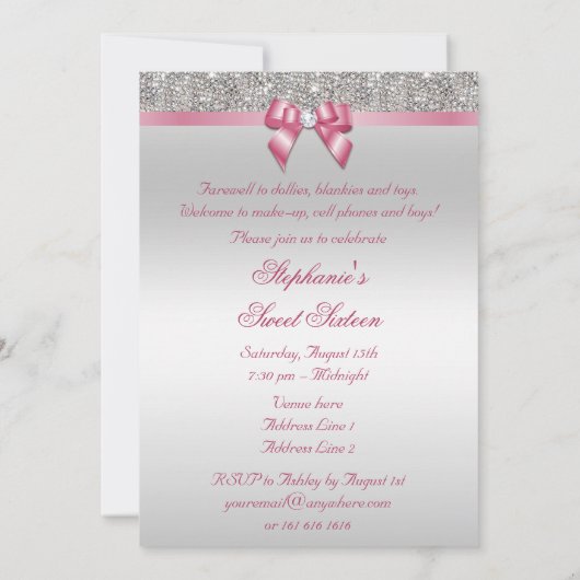 Glamour Sweet 16 Imitat Silver Sequins Pink Bow Einladung (Rückseite)