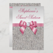 Glamour Sweet 16 Imitat Silver Sequins Pink Bow Einladung (Vorne/Hinten)