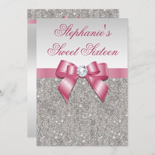 Glamour Sweet 16 Imitat Silver Sequins Pink Bow Einladung (Vorne/Hinten)