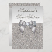 Glamour Sweet 16 Imitat Silver Sequins und Bow Einladung (Vorne/Hinten)