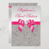 Glamour Sweet 16 Silver Sequins Hot Pink Bow Einladung (Vorne/Hinten)